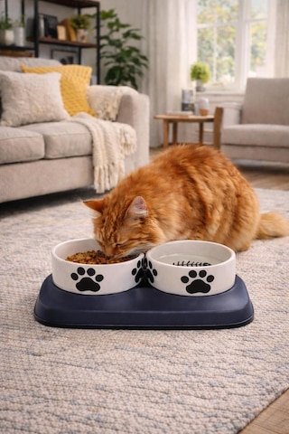 Premium Yükseltilmiş İkili Seramik Kedi Mama Ve Su Kabı