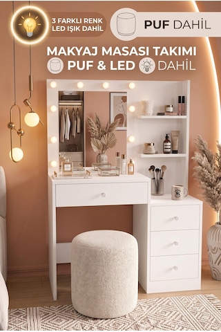 Robin Home Hollywood Led Işıklı Puflu Makyaj Masası Takımı 4 Çekmeceli Düzenleyici Raflı Beyaz