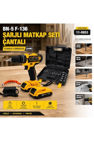 Banco-200 Sarı 1350 Rpm Bn-5 F-136 Stanliy-cordless 24w Şarjlı Matkap Seti Çantalı