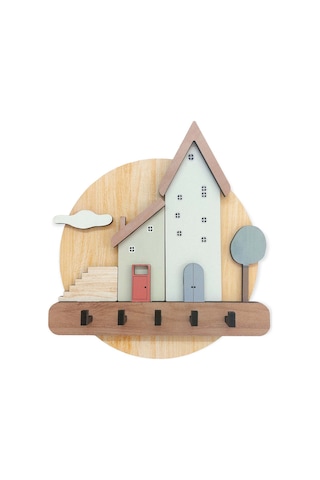 CajuArt Pastel Renkli Evler Ahşap Anahtarlık Hol Antre Askılık Duvar Dekor Kahverengi