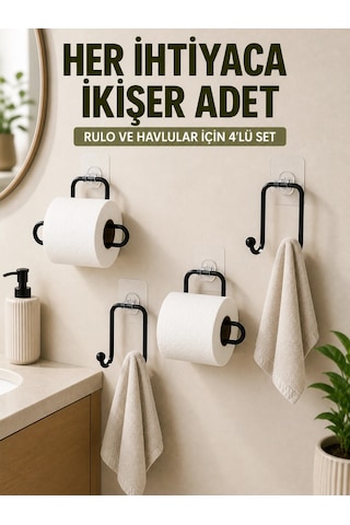 Mey İthalat Yapışkanlı Banyo Düzenleme Seti 2 Rulo Tutucu 2 Havlu Askılığı 4 Parça Diğer