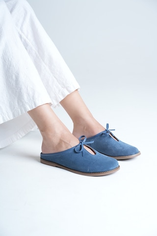 Analin Shoes Kadın Hakiki Deri Fiyonk Detaylı Düz Terlik Mavi