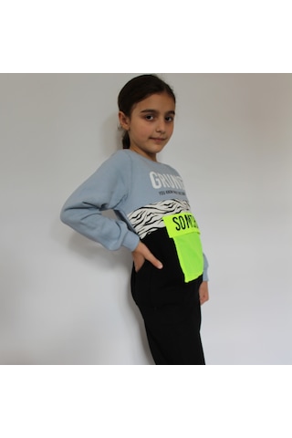 Milenawear by Milena Grunde Nakışlı Bisiklet Yaka Cepli Kalın Kız Çocuk Alt Üst Takım Mavi