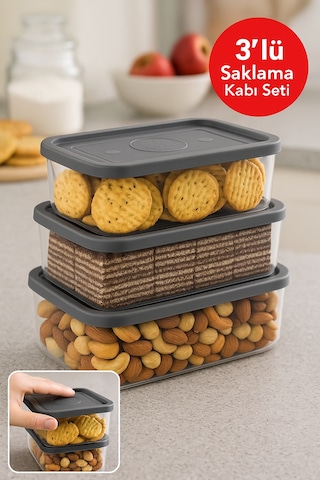3 Lü Dikdörtgen Trio Saklama Kabı Seti 0.70l 1.0l 1.5l Gri Kapak Diğer