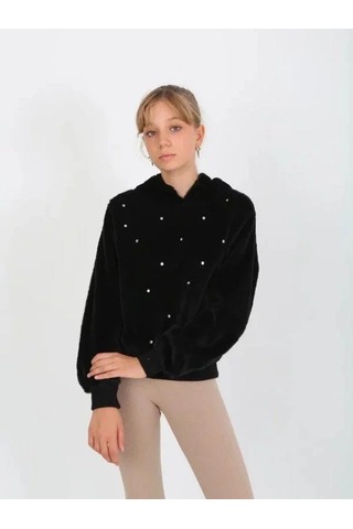 Kız Çocuk Taşlı Peluş Kapüşonlu Sweatshirt-14827 Siyah