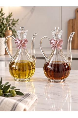Qerhome Pembe Fiyonk Tasarımlı Borosilikat Cam Glorry Yağlık Veya Sirkelik 750 Ml+750 Ml Çizgili Tasarım Şeffaf