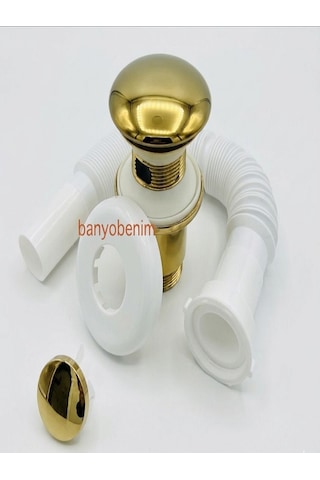 Pop Up Sifon Taşma Delikli Porselen Kafa Gold Renk Sifon Ve Gold Renk Lavabo Yüzüğü Lavabo Sifonu