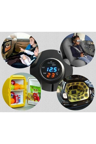 Sones 3'ü 1 Arada Universal Araç Dijital Gerilim Ölçer Sıcaklık Ölçer Usb Şarj Cihazı, Dc12-24v