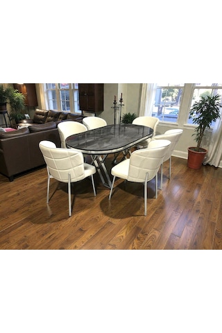 Msy Home 6 Kişilik Serya İroni Oval Masa Krom Ayak Yönsüz Kumaş Modern Ve Şık Yemek Odası Takımı 874521 Bej