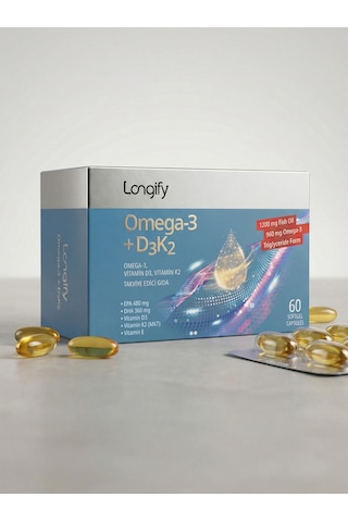 Omega 3 + D3k2, Balık Yağı, Epa, Dha, Vitamin D3, Vitamin K2 Mk7 , Vitamin E, 60 Yumuşak Kapsül