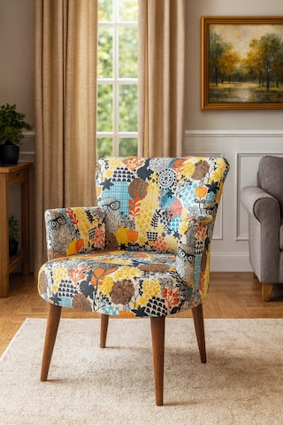 Roma Modern Tekli Koltuk Berjer - Dijital Baskılı Kumaş - Ahşap Ayak - Baykuş Desen Baykuş