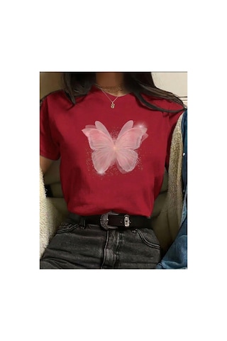 Pembe Kelebek Desenli Baskılı Kompakt T-shirt Kırmızı