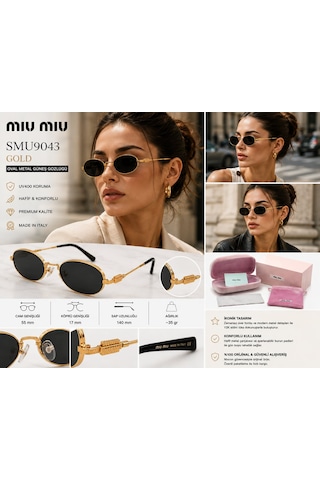 Miu Miu Smu9043 Kadın Güneş Gözlüğü Metal Çerçeve Füme Cam Made İn Italy - Gold