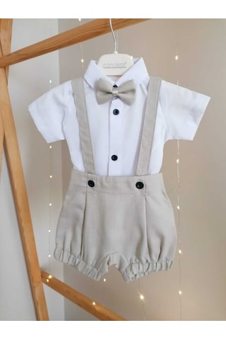 Bebeksen Papyonlu 3'lü Siyah Klasik Erkek Bebek Salopet Takım Özel Gün Kıyafeti Düğün Bebek Hediyesi Bej