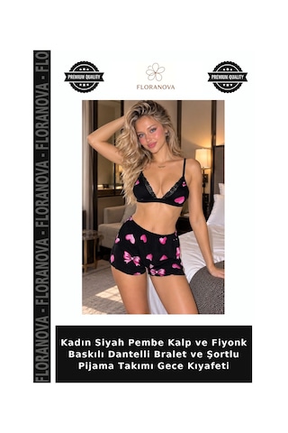 Floranova Kadın Siyah Pembe Kalp Ve Fiyonk Baskılı Dantelli Bralet Ve Şortlu Pijama Takımı Gece Kıyafeti Siyah - Pembe