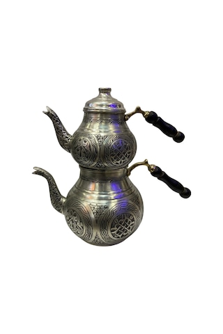 Gümüş Renkli Bakır İşlemeli Çaydanlık Gümüş