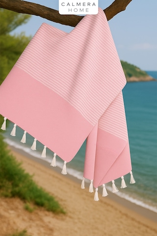 Calmera Çizgili Peştemal Pamuk - Doğal Saçaklı Plaj, Deniz, Havuz, Spa, Sauna, Spor, Seyahat Havlu Pembe