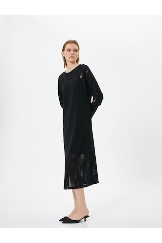 Koton Midi Ajurlu Elbise Bisiklet Yaka Uzun Kollu Siyah 4sak80261ek 4SAK80261EK999