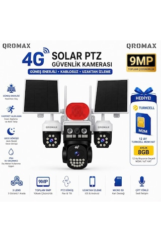 9mp Çift Panelli 3 Lensli 4g Sım Kartlı Solar Ptz Güvenlik Kamerası + 12 Ay Turkcell Hat 4g Qr S3