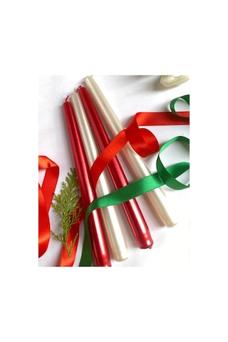 Denic 2 li Metalik Kırmızı ve İnci Beyaz  Şamdan Mum  Konik Mum