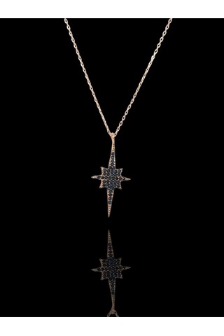 Siyah Taşlı Rose Gold Kaplama 925 Ayar Gümüş Kuzey Yıldızı Kolye Anlamlı Ve Şık Tasarım Gümüş