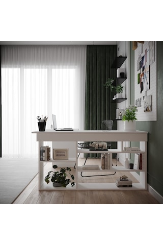 Robinhome Robin Home Martin Kitaplık Raflı Çalışma Masası L Ofis Masası Bey Beyaz