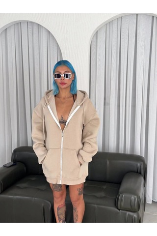 Barlashive Kadın 3 İplik Pamuklu Kapüşonlu Kanguru Cepli Baskılı Oversize Hoodie Sweatshirt - Bej Çok Renkli