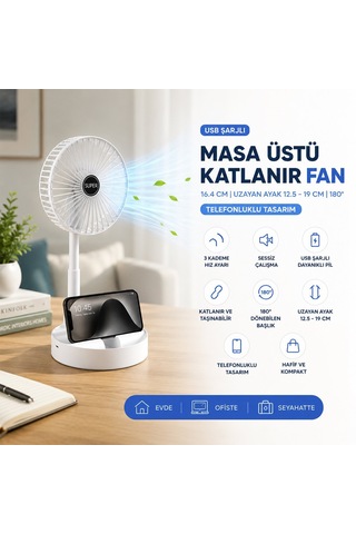 Blic Bwfn-11 Masaüstü Vantilatör - Usb Şarjlı Katlanır 16.4 Cm Telefonluklu 180 Derece
