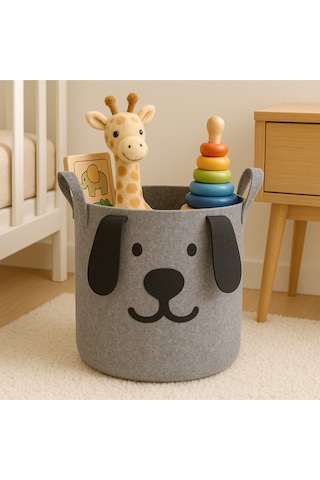 Figürlü Keçe Oyuncak Ve Çamaşır Sepeti Gri