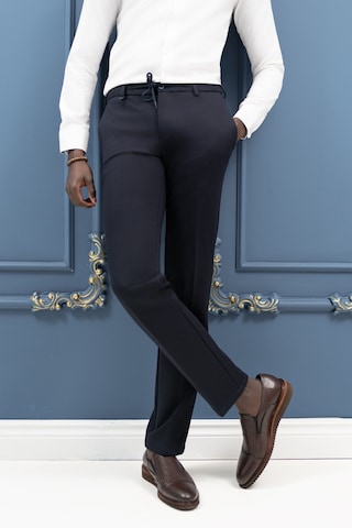 Ecer Regular Fit Armürlü Beli İplikli Astarsız Rayon Kışlık Kumaş Pantolon Lacivert