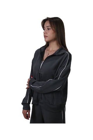 Kadın Modal Kumaş Kontrast Detaylı Rahat Kalıp Antrasit Ceket Hırka Antrasit