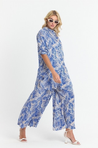 Schık Kadın Viskon Rahat Bol Paça Truvakar Kol Önü Düğme Baskılı Takım Saks