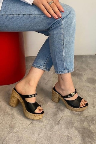 Asmi Shoes Kadın Tena Mantar Taban Platform Topuklu Terlik 10 Cm Snd456 Siyah Siyah