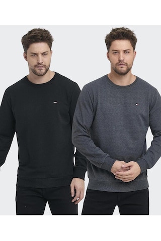 Erkek Siyah-antrasit Bisiklet Yaka Nakış Detaylı Regular Fit 2'li Sweatshirt Mmtlce70-2 001