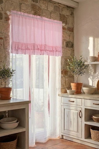 Country Style Potlu Perde Çift Fırfırlı Bebe Pembesi