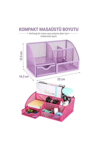 Pembe Masaüstü Metal Kalemlik Seti 7 Bölmeli Fileli Masa Üstü Düzenleyici Küp Notluk Ataşlık Çekmeceli Perfore Büro Açık Pembe