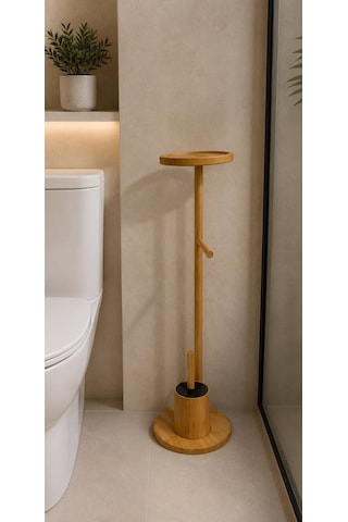 Morponi Ahşap Bambu Çok Amaçlı Tuvalet Kağıdı Askısı, Yedekli Stand Ve Banyo Fırçalık Seti Yuvarlak Gri