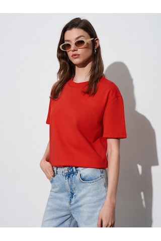 Dilvin Dekoratif Dikişli Bisiklet Yaka Tshirt 101a30312 - Kırmızı