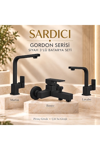 Sardıcı Gordon Mat Siyah 3 Lü Mutfak Lavabo Banyo Batarya Seti Dirsek Takımı Dahil