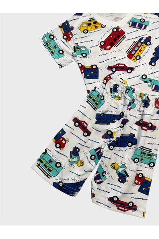 Aliş Kids Erkek Çocuk Pamuklu Beyaz Araba Desenli Kısa Kollu Şortlu Yazlık Pijama Takımı