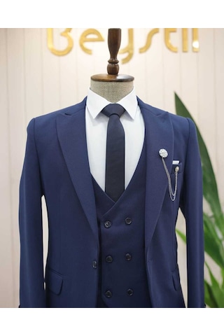 Beystil Sivri Yaka Lacivert Takım Elbise Petek04 - Slim Fit Lacivert