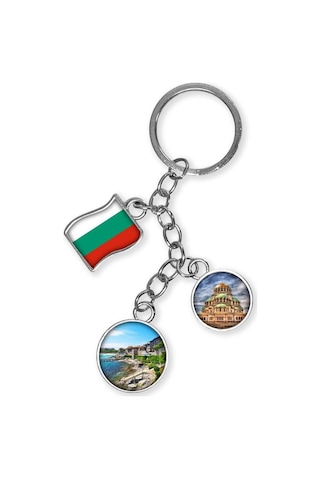 Bulgaristan Üçlü Epoksi Metal Çift Taraflı Damla Anahtarlık Bulgaria Gümüş