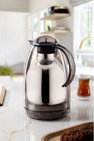 1.5 Lt Isı Yalıtımlı Çay Ve Soğuk Su Termosu Füme 12 Saat Sıcak Tutar& İçi Camdır Beyaz - Şeffaf