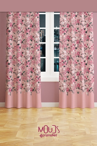 Pembe Çiçek Desenli Süet Oturma Odası Salon Fon Perde Baskılı Ekstrafor Büzgü 2 Kanat Prd-1022 Çok Renkli