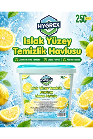 Hygrex Limon Kokulu Yüzey Temizlik Havlusu Islak Kova Mendil 250 Adet Ev Ofis Tüm Yüzeyler Kovalı Mendil Beyaz