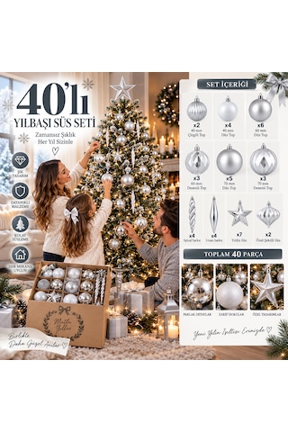 40 Parça Gümüş Yılbaşı Ağacı Süs Seti 40/60/70 Mm Toplar, Yıldız Ve Sarkıt Süsler 3 CM