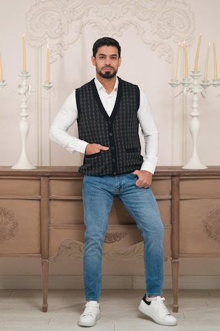 Woolen World Regular Fit Ön Cepli Desenli Kolsuz Erkek Triko Yelek Lacivert