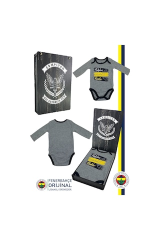 Fenerbahçe Lisanslı Kalpleri Fetheden Renkler Bebek Body Zıbın Hediyelik Ahşap Kutulu Gri