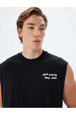 Koton Slogan Baskılı Atlet Bisiklet Yaka Kolsuz Pamuklu Siyah 4sam30046mk