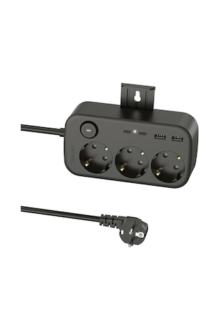 3 Lü Akım Korumalı Çoklu Priz 2 Usb-a 2 Usb-c 2 Metre Kablolu Duvara Monte Anahtarlı Siyah 1 - 3 M